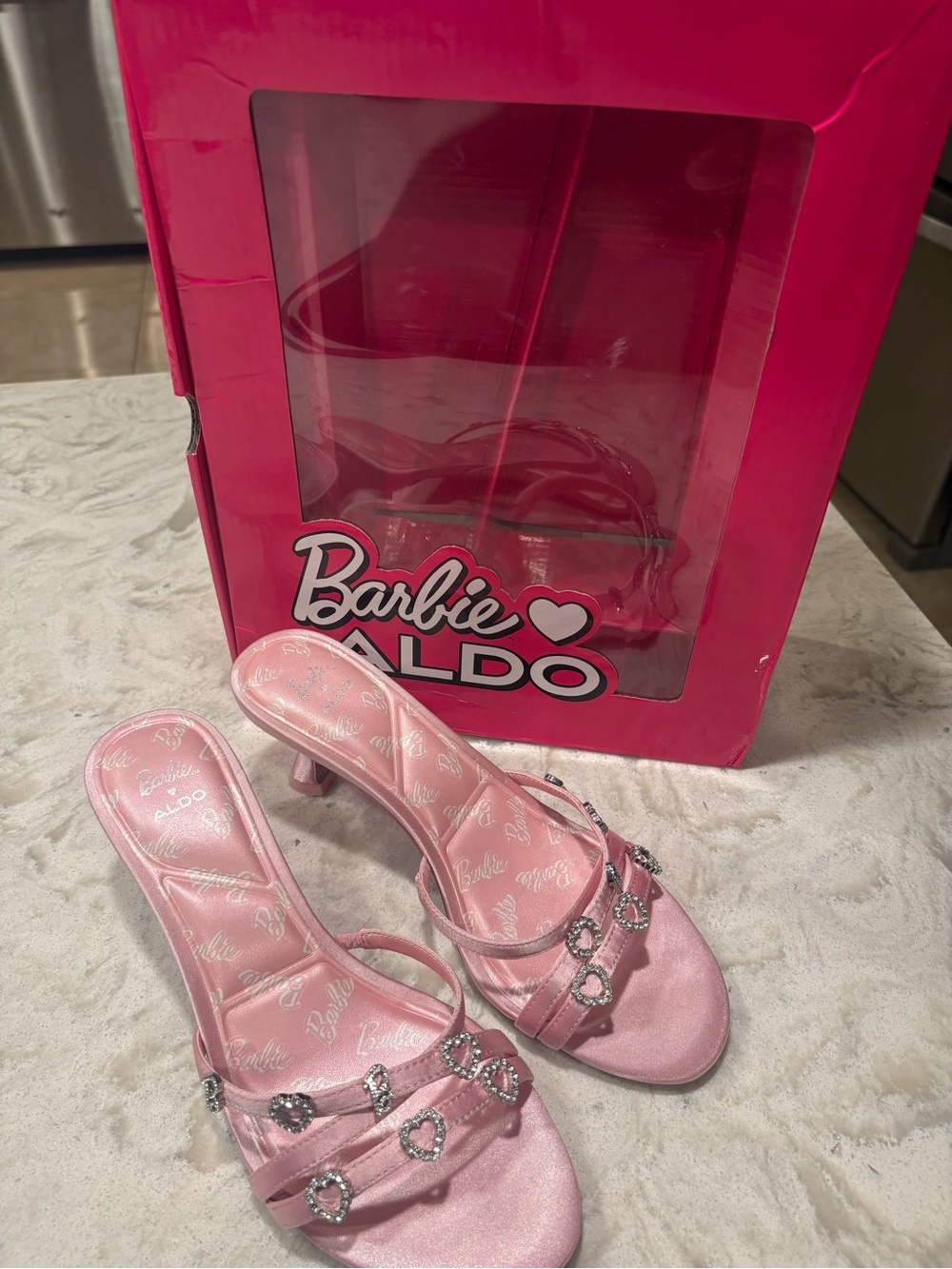 Aldo x Barbie Pink Satin Heeled Mules with Crystal Heart Accents
